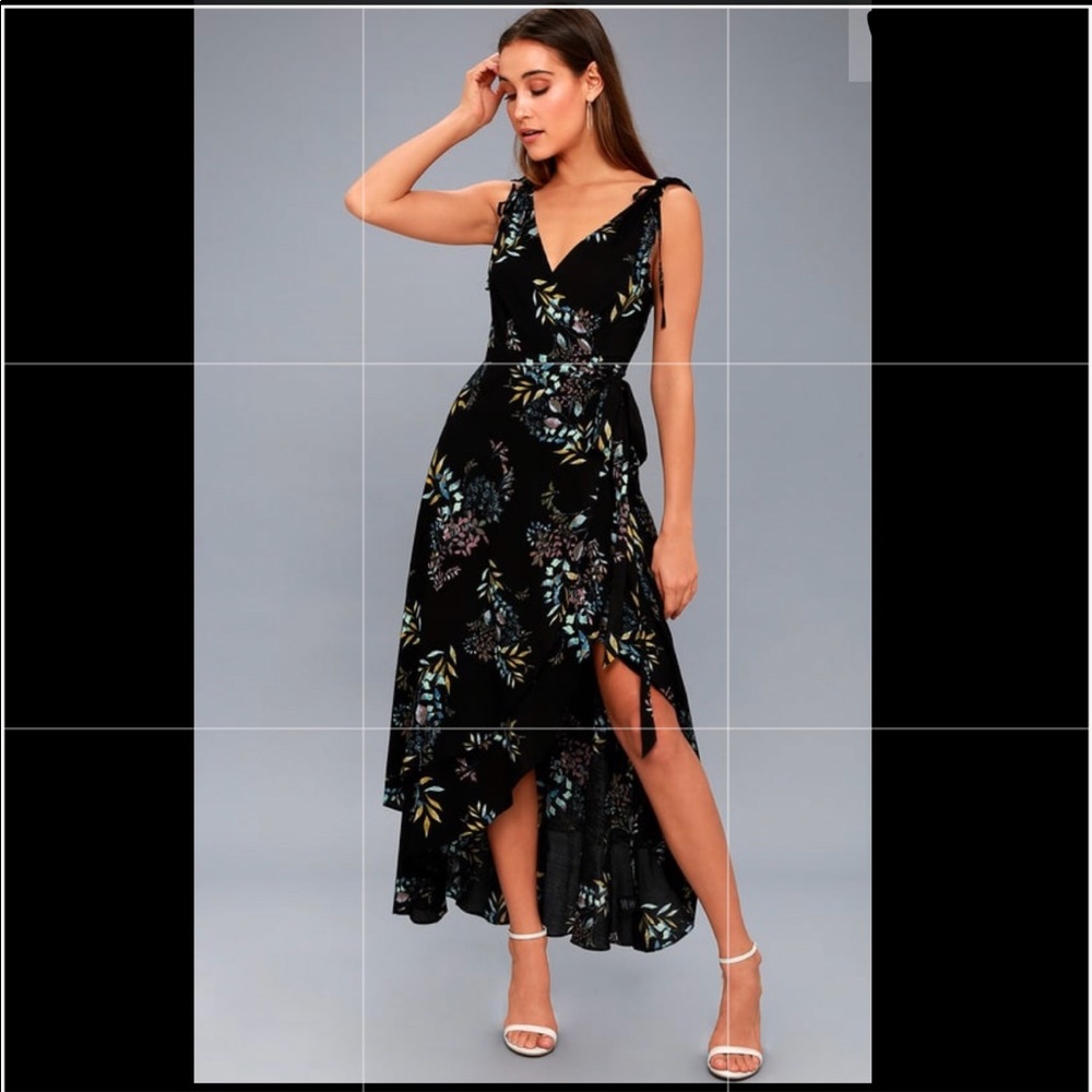 Black floral print wrap dress from Lulus